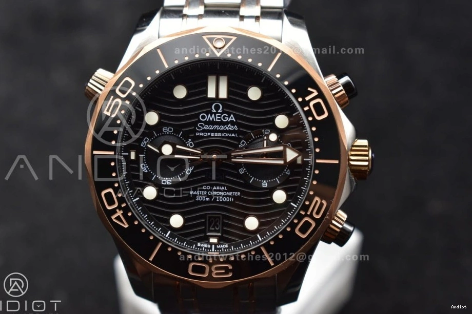 Best 1:1 SS RG SS on Black Strap 300m Edition OMF Chrono Dial A9900 Seamaster 1223